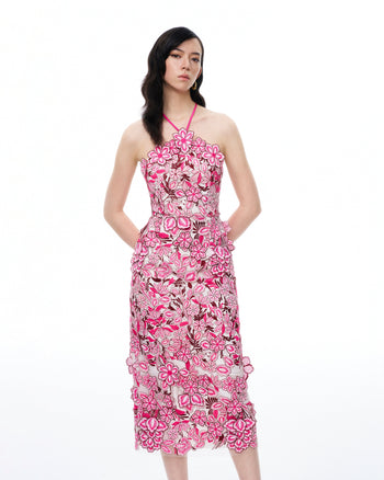 Fiora Besticktes Maxikleid mit Blumen und Neckholder – Rosenrot