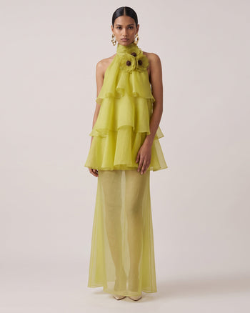 Poppy Besticktes Neckholder-Stufen-Maxikleid mit Rüschen - Limettengrün