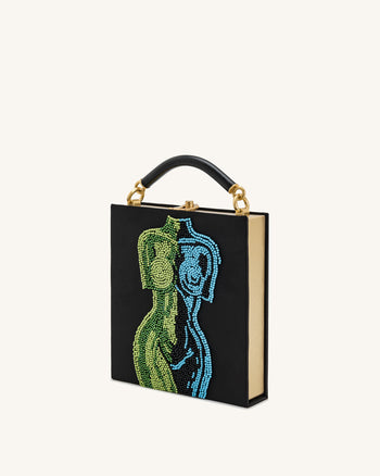 Elle Bunte, perlenbesetzte Buch-Henkeltasche - Schwarz