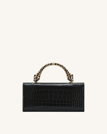 Maya Henkeltasche mit leopardenförmigem Metallgriff - Schwarz Krokodil