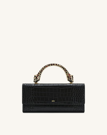 Maya Henkeltasche mit leopardenförmigem Metallgriff - Schwarz Krokodil