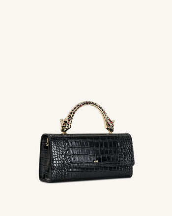 Maya Henkeltasche mit leopardenförmigem Metallgriff - Schwarz Krokodil