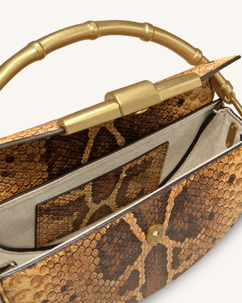 Sylvie Schlangenprint-Halbmond-Henkeltasche – Gelbbraun