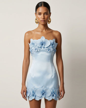 Trägerloses Minikleid mit Orchideen-Verzierung - Blau