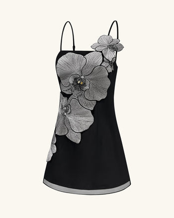 Orchideen Applikations Minikleid - Schwarz/Silber