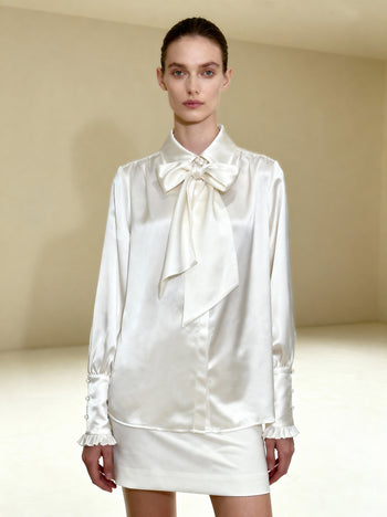 Bluse mit Bindeband und Ballonärmeln – Weiß