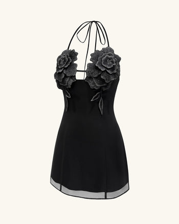 Blumen besticktes Minikleid - Schwarz