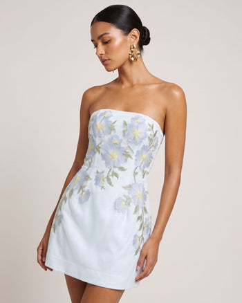 Trägerloses Minikleid im Korsett-Stil mit Blumenstickerei - Hellblau