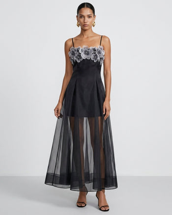 Transparentes, mehrlagiges Maxikleid mit Blumenstickerei – Schwarz