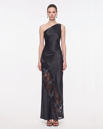 Satin-Maxikleid mit Spitzeneinsatz und One-Shoulder-Träger - Schwarz
