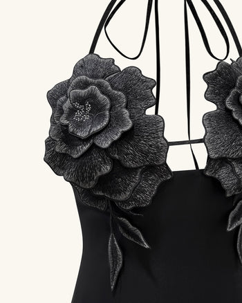 Blumen besticktes Minikleid - Schwarz