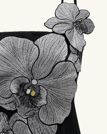 Orchideen Applikations Minikleid - Schwarz/Silber