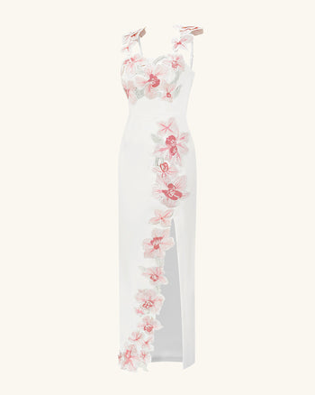 Blumenbesticktes Kleid - Weiß/Rosa
