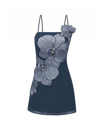 Minikleid mit Orchideen-Applikation – Dunkelblau