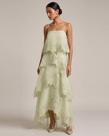 Mehrlagiges Maxikleid mit Orchideenstickerei - Hellgrün