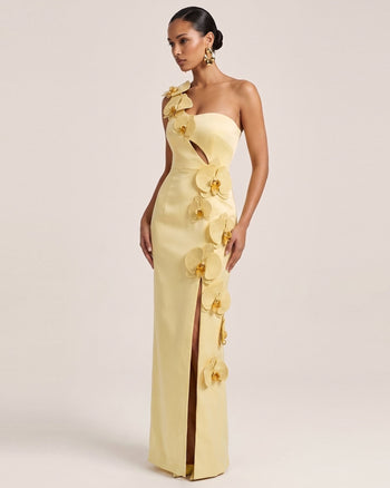 Maxikleid mit Orchideen-Verzierung, Cut-out und Schlitz - Hellgelb