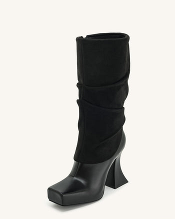 Reyna Quadratische Zehenplattform-Strickstiefel - Schwarz