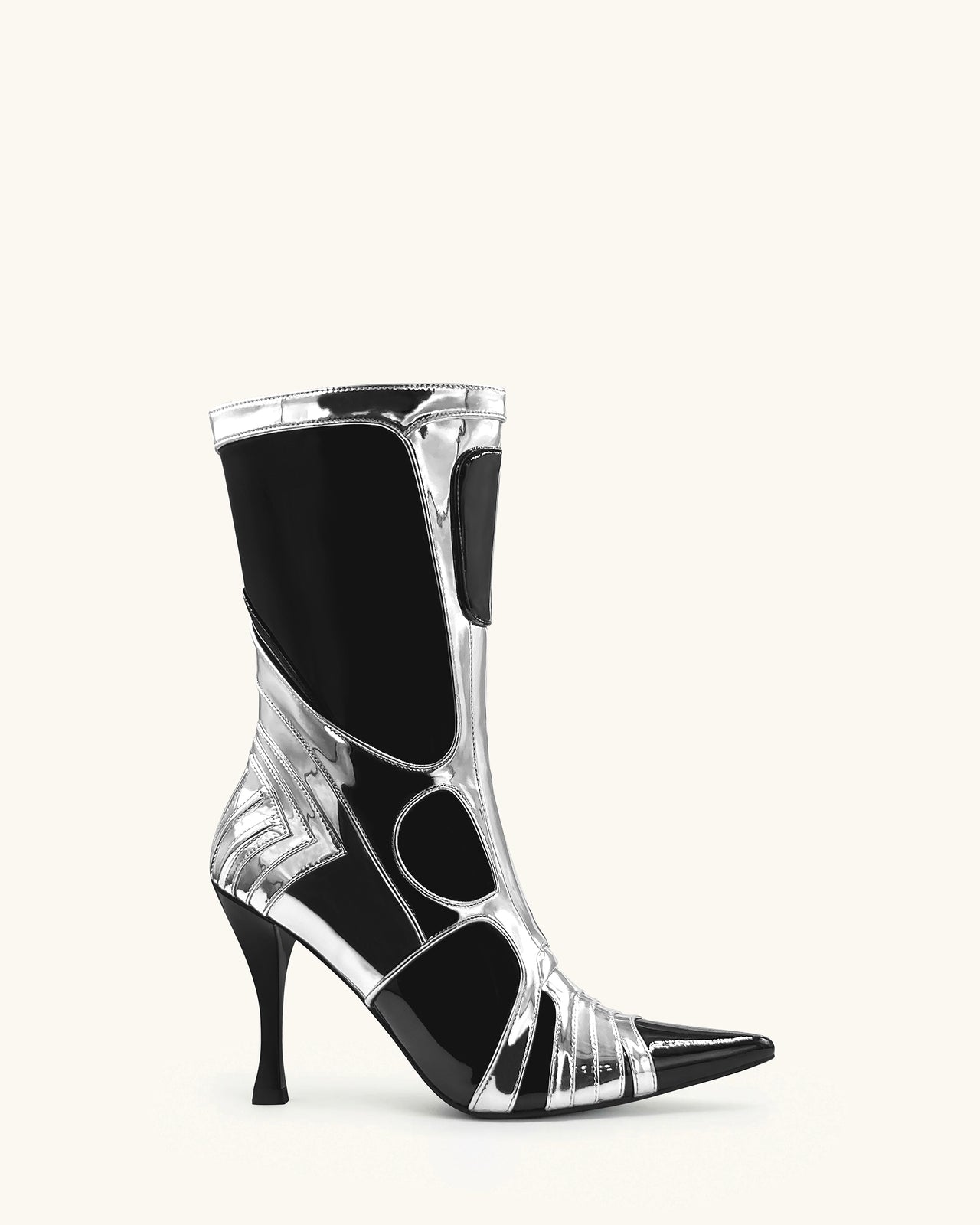 Odette Futuristische High Heel Bike Knöchelstiefel - Silber und Schwarz