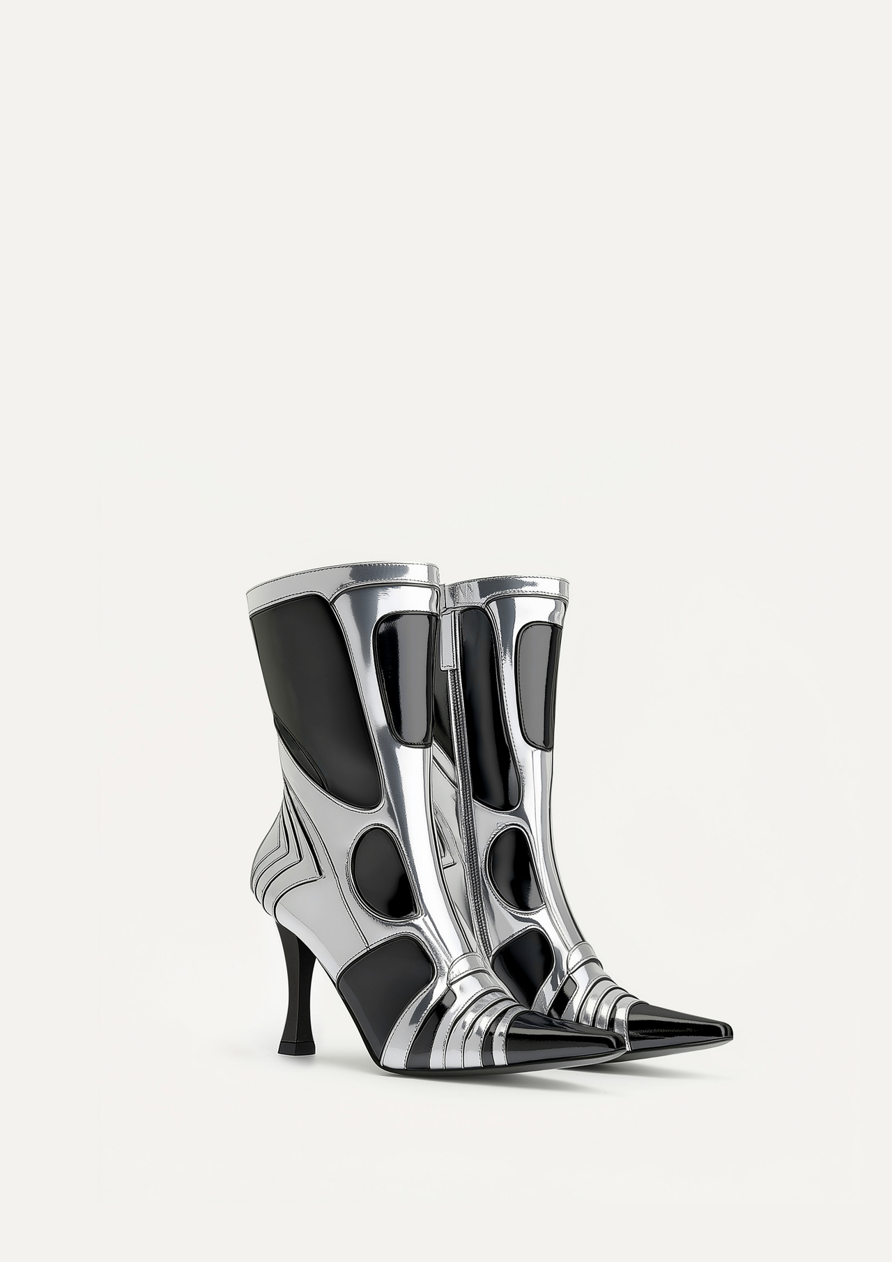 Odette Futuristische High Heel Bike Knöchelstiefel - Silber und Schwarz