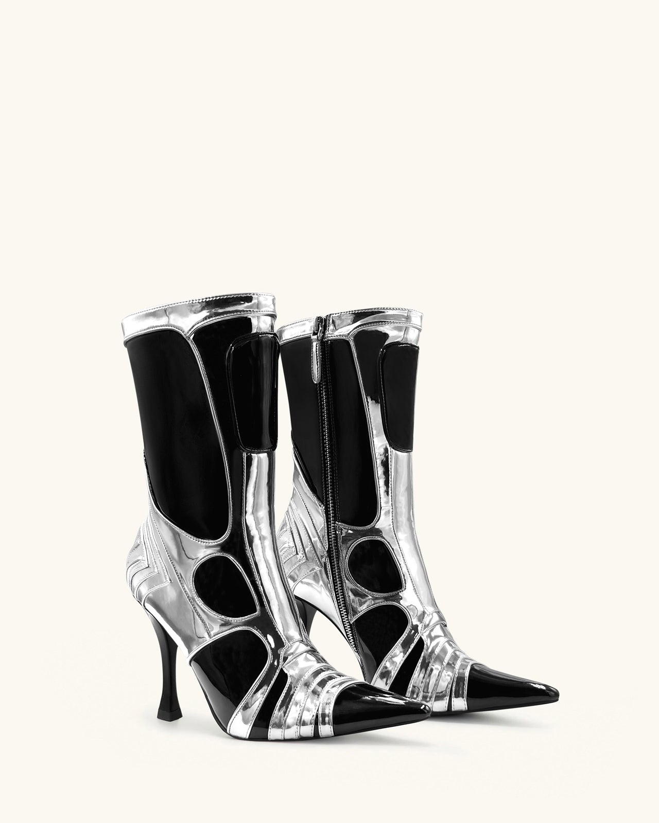 Odette Futuristische High Heel Bike Knöchelstiefel - Silber und Schwarz