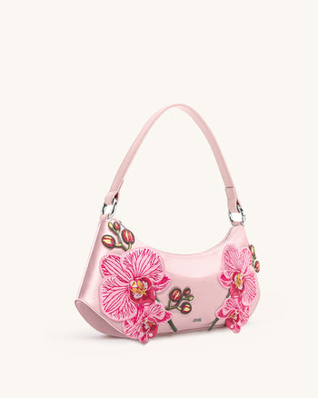 Lily Orchideen bestickte Schultertasche - Rosa