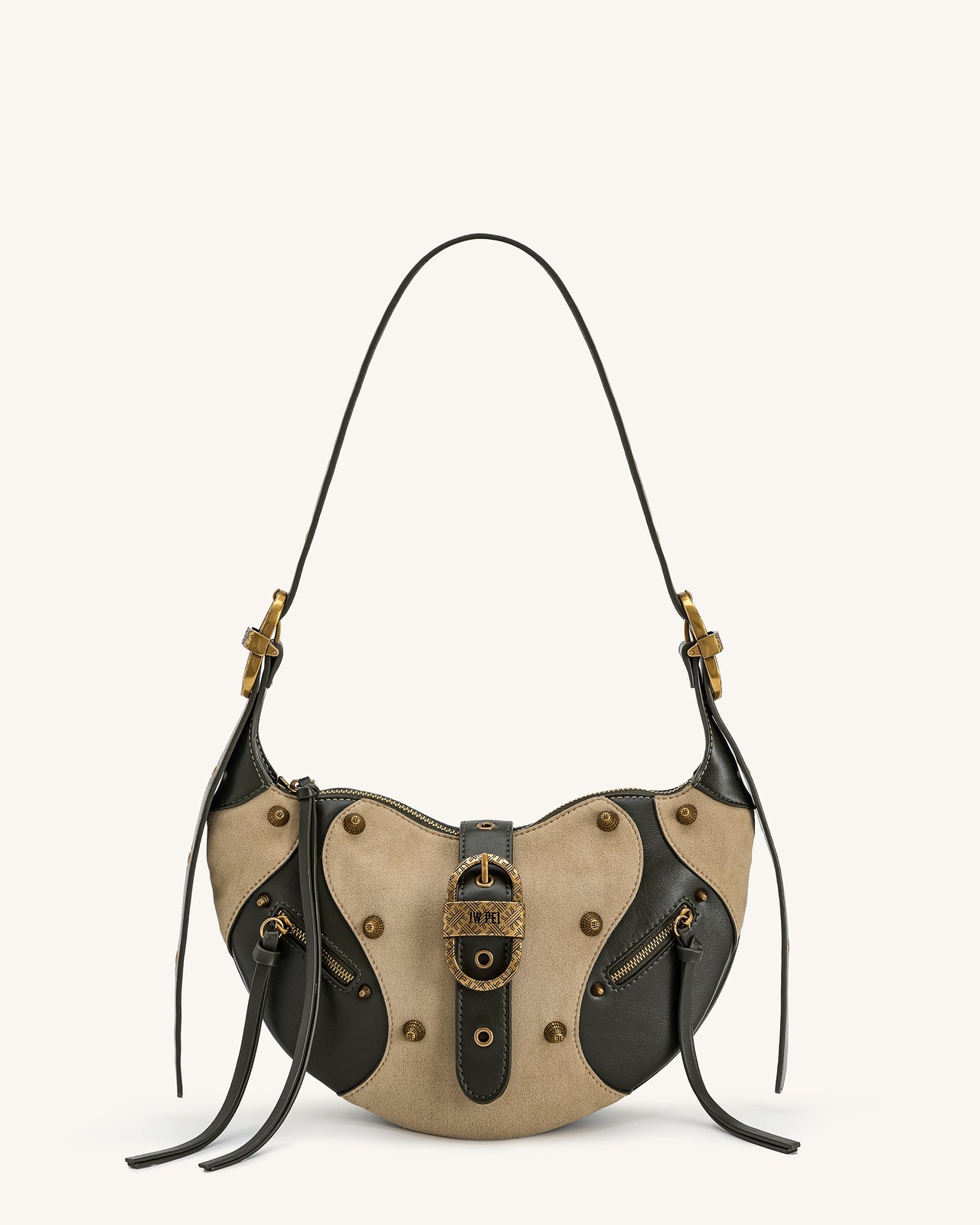 Tessa Schultertasche aus Kunstwildleder mit Nieten – Khaki Grün