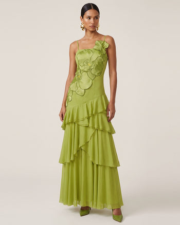 One-Shoulder-Maxikleid mit Orchideen-Stickerei und Rüschen - Olivgrün
