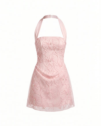 Minikleid mit Orchideen-Perlenstickerei, eckigem Ausschnitt und Neckholder – Blassrosa