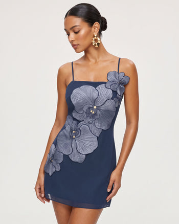 Minikleid mit Orchideen-Applikation – Dunkelblau