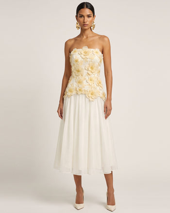 Trägerloses Midikleid mit Blumenstickerei – Elfenbeinweiß
