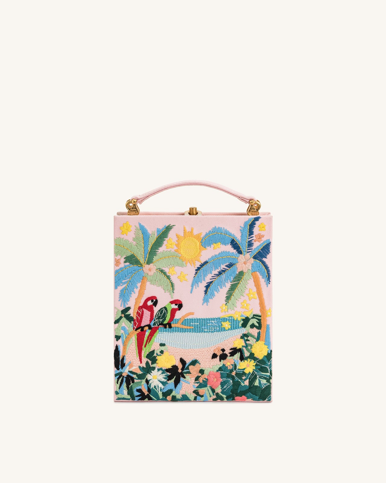 Taya Clutch-Tasche in Buchform mit tropischem Papageienmuster – Rosa