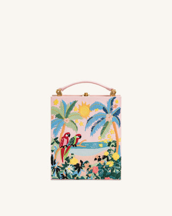 Taya Clutch-Tasche in Buchform mit tropischem Papageienmuster – Rosa