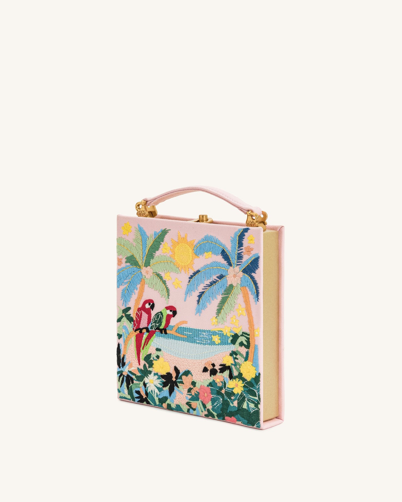 Taya Clutch-Tasche in Buchform mit tropischem Papageienmuster – Rosa
