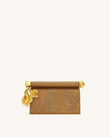 Holly Clutch mit künstlichem Kristall und Metallanhänger - Champagner