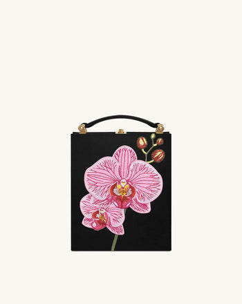 Taya Clutch in Buchform mit Orchideenmotiv – Schwarz