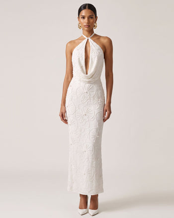 Maxikleid mit Orchideen-Perlenstickerei, Schlüsselloch-Ausschnitt und Neckholder – Weiß