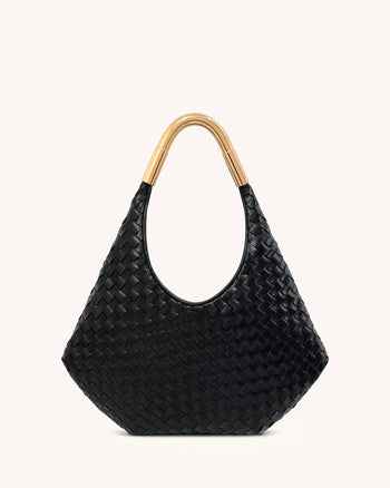 Olivia Handgeflochtene Hobo-Tasche mit Metallgriff – Schwarz
