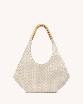 Olivia Handgeflochtene Hobo-Tasche mit Metallgriff – Weiß