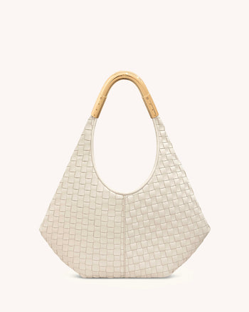 Olivia Handgeflochtene Hobo-Tasche mit Metallgriff – Weiß