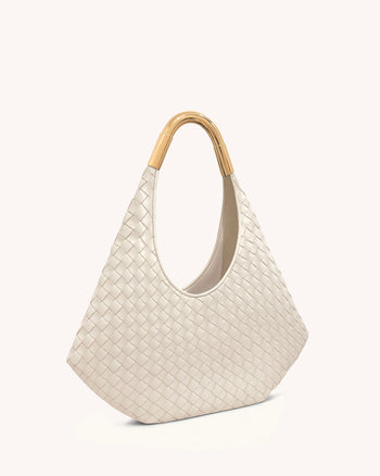 Olivia Handgeflochtene Hobo-Tasche mit Metallgriff – Weiß