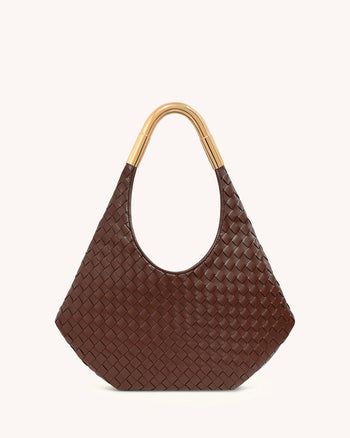 Olivia Handgeflochtene Hobo-Tasche mit Metallgriff – Braun
