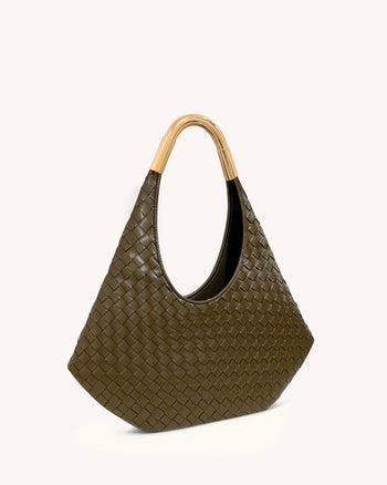 Olivia Handgewebte Hobo-Tasche mit Metallgriff – Olivgrün