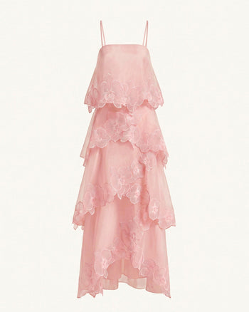 Mehrlagiges Maxikleid mit Orchideenstickerei - Puderrosa
