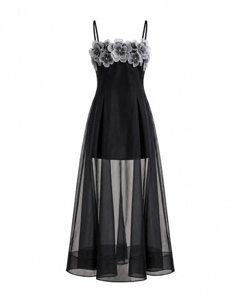 Transparentes, mehrlagiges Maxikleid mit Blumenstickerei – Schwarz