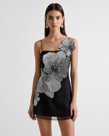 Orchideen Applikations Minikleid - Schwarz/Silber