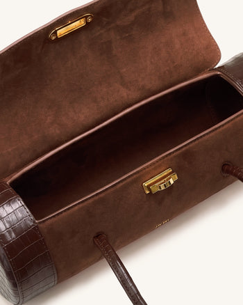 Maelis Barrel-Bag aus Kunstwildleder mit Kroko-Besatz - Dunkelbraun