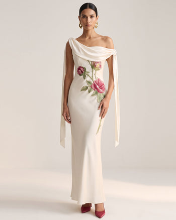 Rose Bestickte drapierte One-Shoulder-Robe - Reinweiß