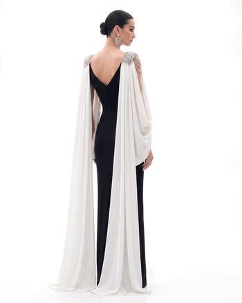Kristall-Maxikleid mit Schulter-Cape - Schwarz & Elfenbein