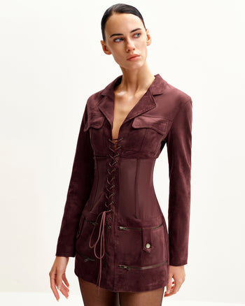 Mini-Kleid mit Korsett-Jacke aus Kunstwildleder - Dunkelrot