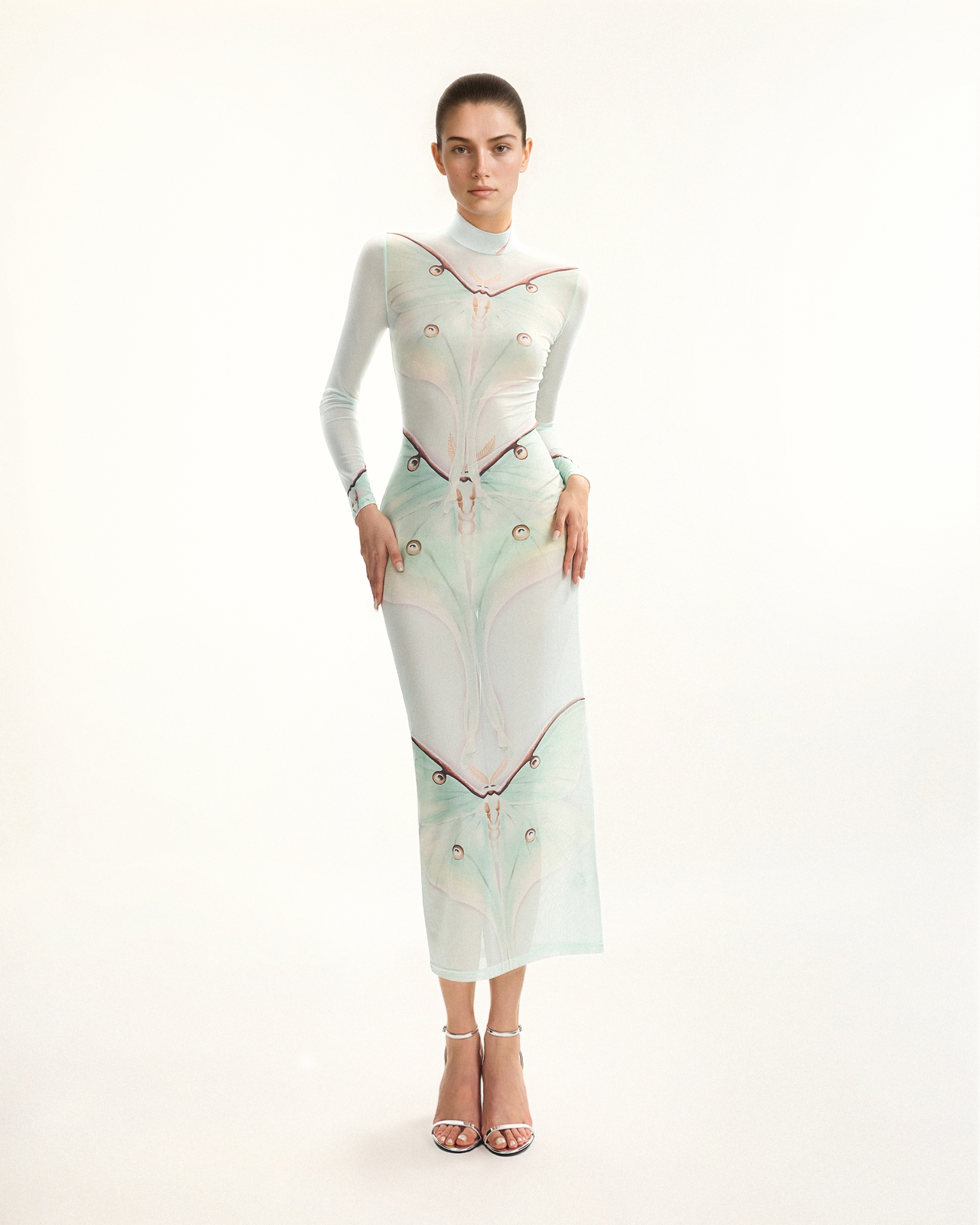 Moth Mesh-Abendkleid – Grün/Beige